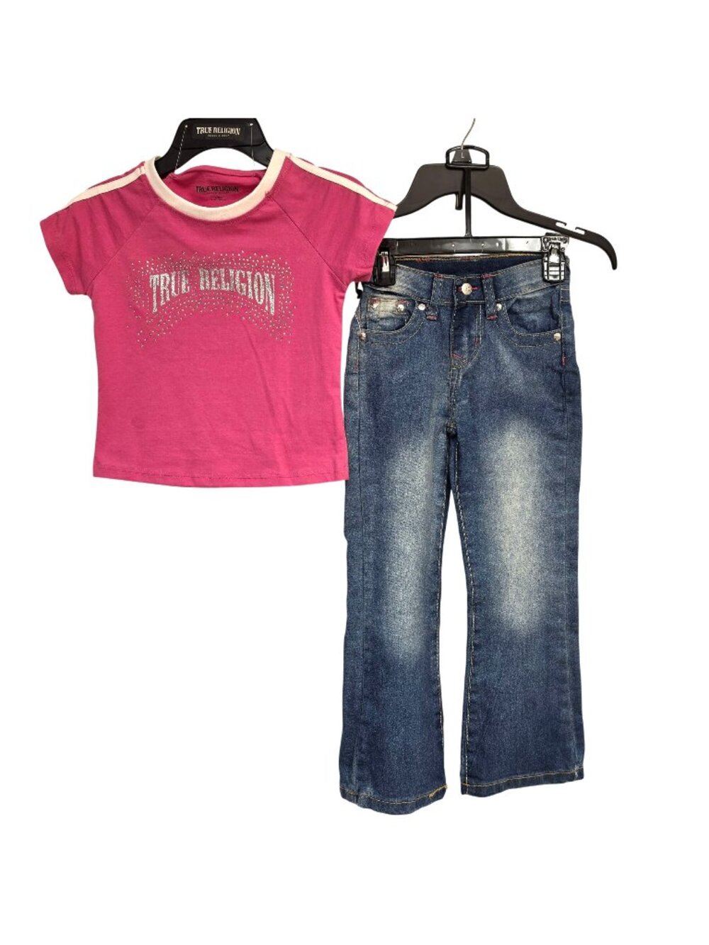 True Religion Girls 6X L Pink Rhinestone Logo Tee Blue Flare Jeans 2 Piece Set N